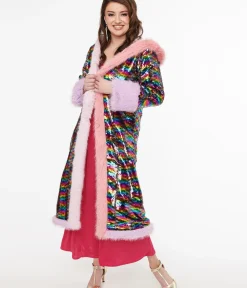 Unique Vintage Coats & Jackets|Flapper Coats>Rainbow Sequin Long Coat