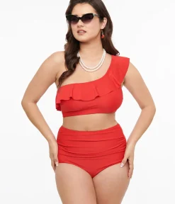 Unique Vintage Two Piece Swim|All Things Red>Red Asymmetric One Shoulder Ruffled Two Piece Swim Set