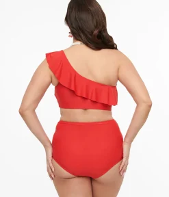 Unique Vintage Two Piece Swim|All Things Red>Red Asymmetric One Shoulder Ruffled Two Piece Swim Set
