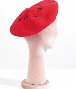 Unique Vintage Berets>Red & Black Cherry Embroidered Beret