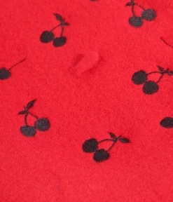 Unique Vintage Berets>Red & Black Cherry Embroidered Beret