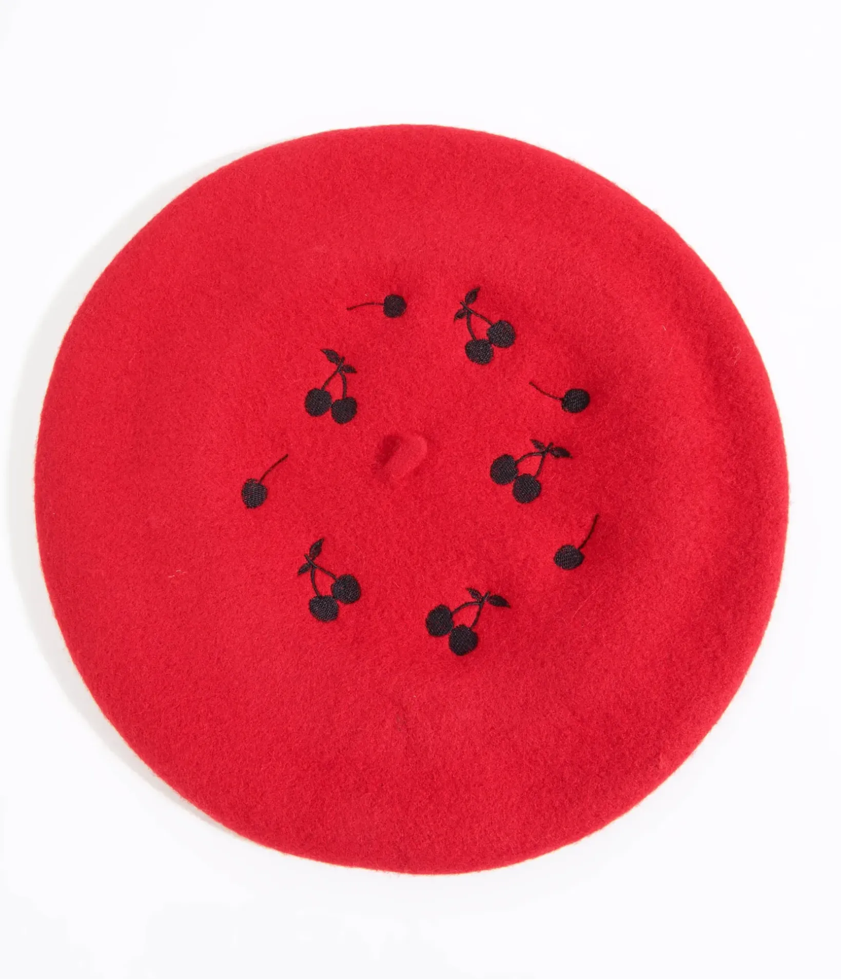Unique Vintage Berets>Red & Black Cherry Embroidered Beret