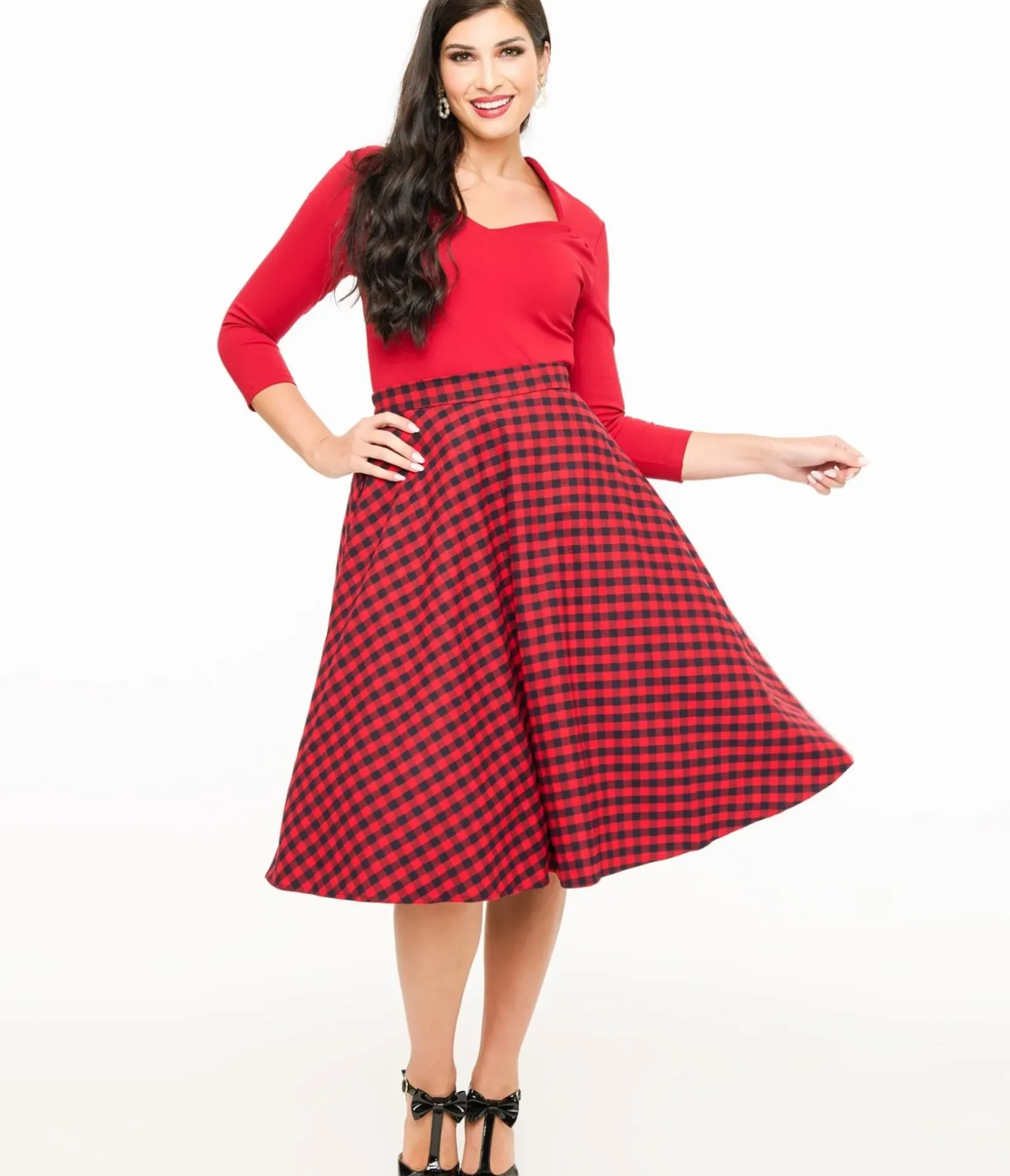 Unique Vintage Skirts|All Things Red>Red & Black Plaid Midi Skirt