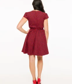 Unique Vintage Fit & Flare|Pocket Dresses>Red & Black Plaid Mini Dress