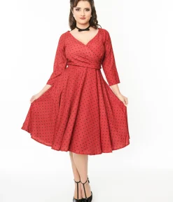 Unique Vintage Swing|Fit & Flare>Red & Black Polka Dot Genevieve Swing Dress