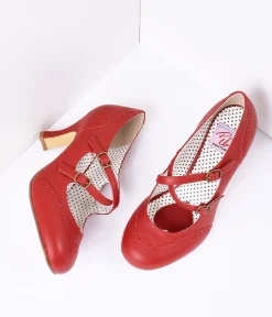 Unique Vintage Special Occasion|Heels>Red Faux Leather Detailed Heel
