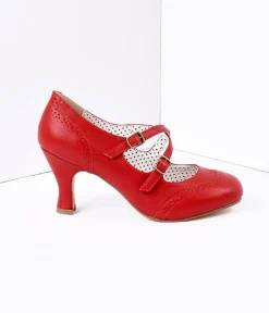 Unique Vintage Special Occasion|Heels>Red Faux Leather Detailed Heel