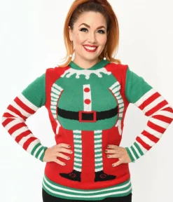 Unique Vintage Sweaters & Cardigans|Sweaters & Cardigans>Red & Green Elf Hooded Holiday Sweater