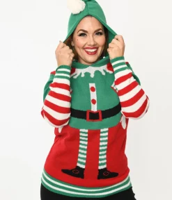 Unique Vintage Sweaters & Cardigans|Sweaters & Cardigans>Red & Green Elf Hooded Holiday Sweater