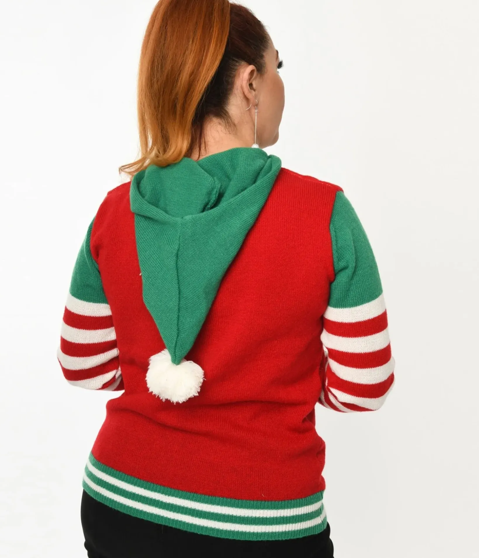 Unique Vintage Sweaters & Cardigans|Sweaters & Cardigans>Red & Green Elf Hooded Holiday Sweater