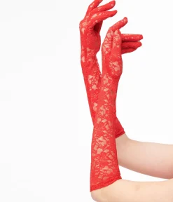 Unique Vintage Special Occasion|All Things Red>Red Lace Elbow Length Gloves