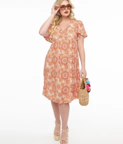 Unique Vintage Midi|Pocket Dresses>Red & Orange Psychedelic Floral Dress