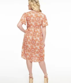 Unique Vintage Midi|Pocket Dresses>Red & Orange Psychedelic Floral Dress