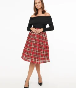 Unique Vintage Skirts|All Things Red>Red Plaid Fit & Flare Cotton Skirt