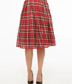 Unique Vintage Skirts|All Things Red>Red Plaid Fit & Flare Cotton Skirt