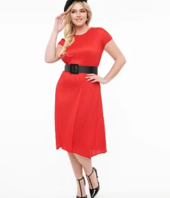 Unique Vintage Midi|Everyday Dresses>Red Pleated Midi Dress