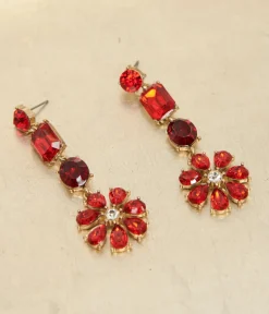 Unique Vintage All Things Red|Earrings>Red Rhinestone Floral Drop Earrings