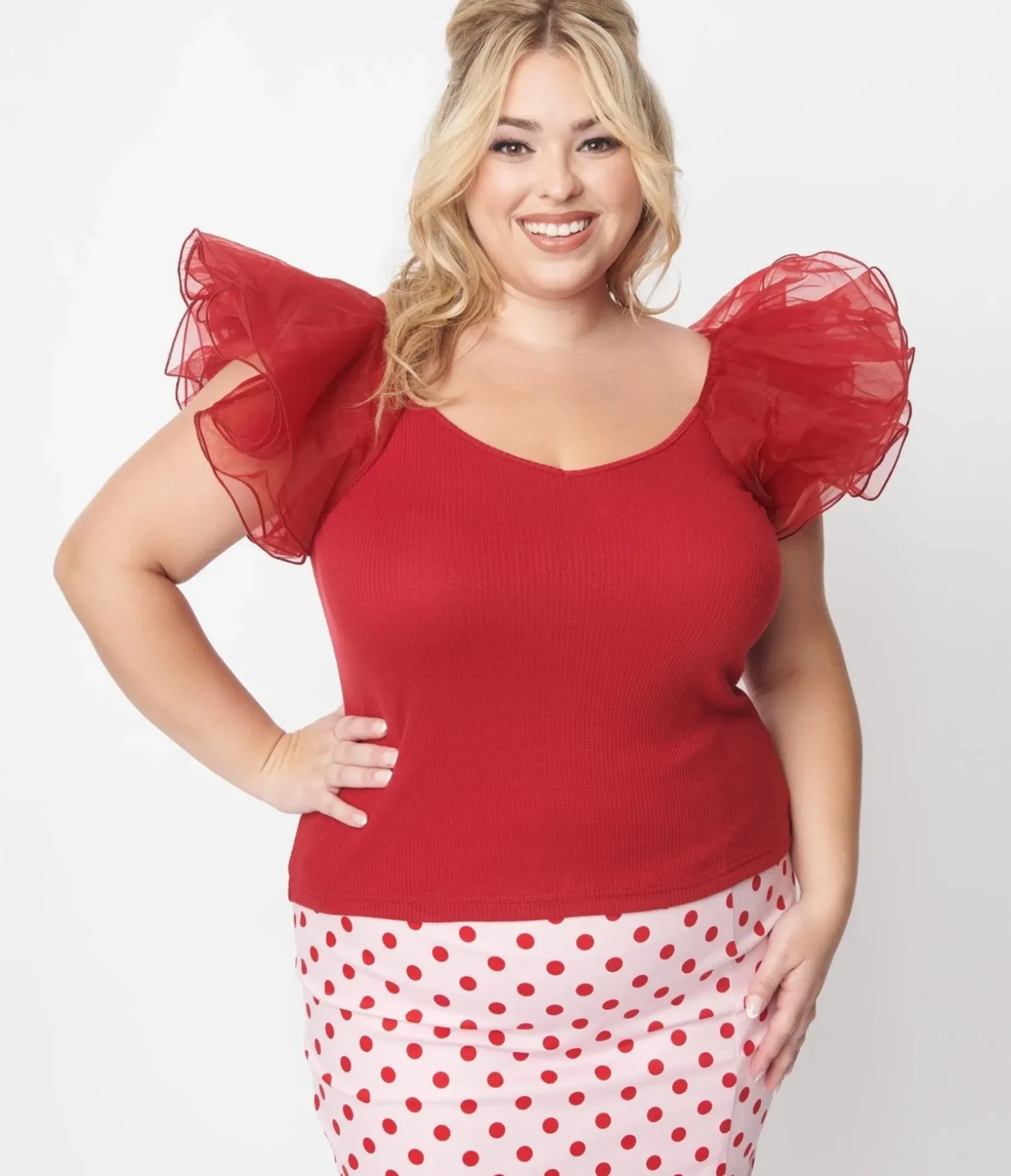 Unique Vintage All Things Red>Red Ribbed Dramatic Sleeve Lennon Top
