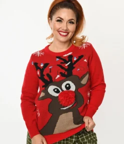 Unique Vintage Sweaters & Cardigans|Sweaters & Cardigans>Red Rudolph Holiday Sweater