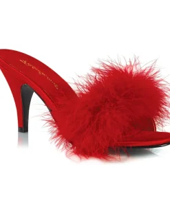 Unique Vintage Special Occasion|Heels>Red Satin & Marabou Feather Peep Toe Amour Heel Slipper