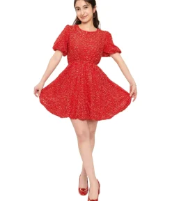 Unique Vintage Fit & Flare|Fit & Flare>Red Sequin Puff Sleeve Flare Dress