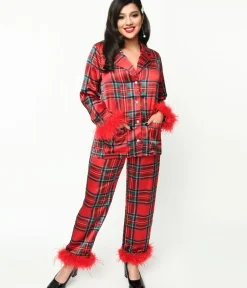 Unique Vintage All Things Red|Lingerie & Shapewear>Red Tartan & Feather Trim Pajama Set