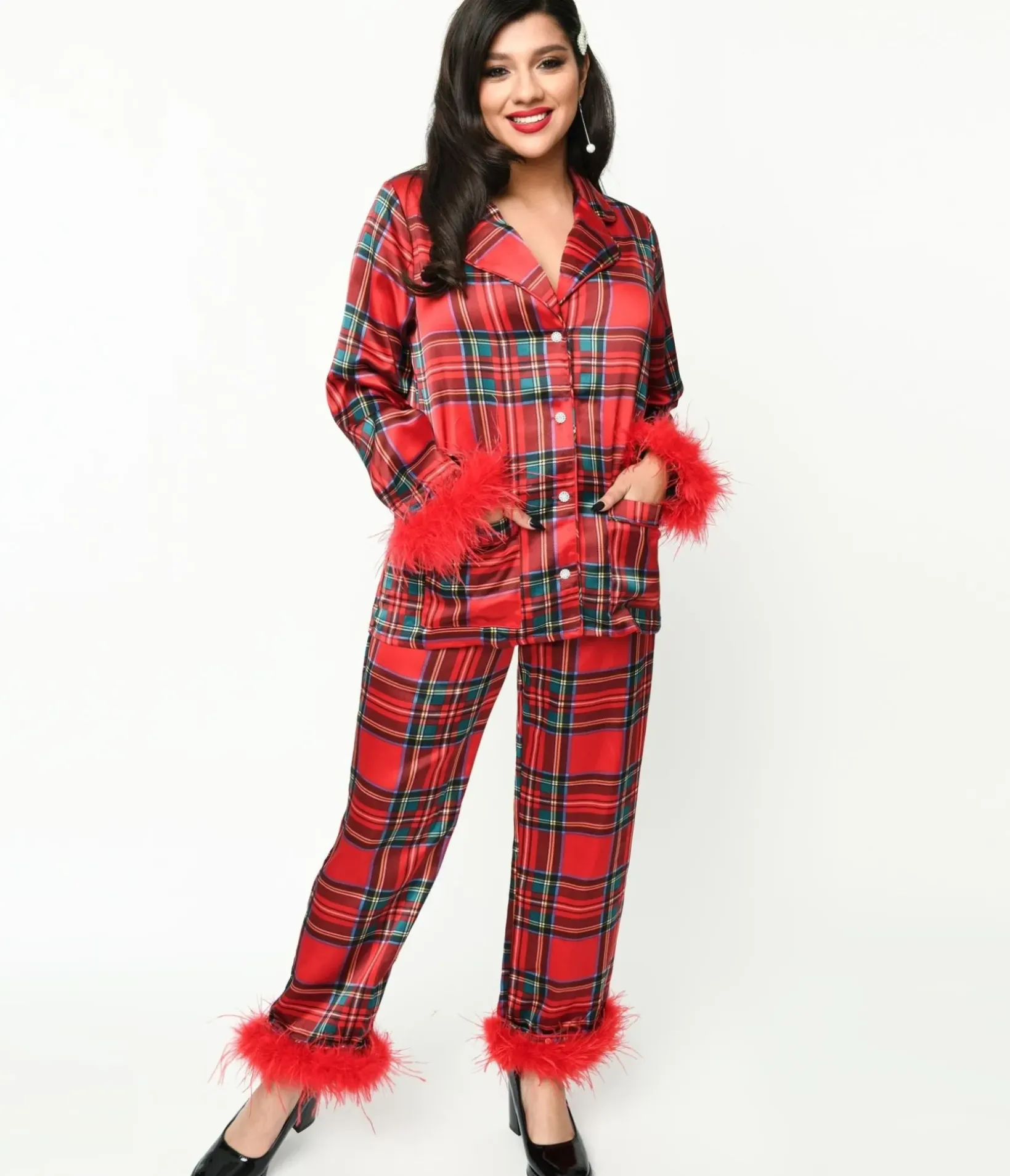 Unique Vintage All Things Red|Lingerie & Shapewear>Red Tartan & Feather Trim Pajama Set