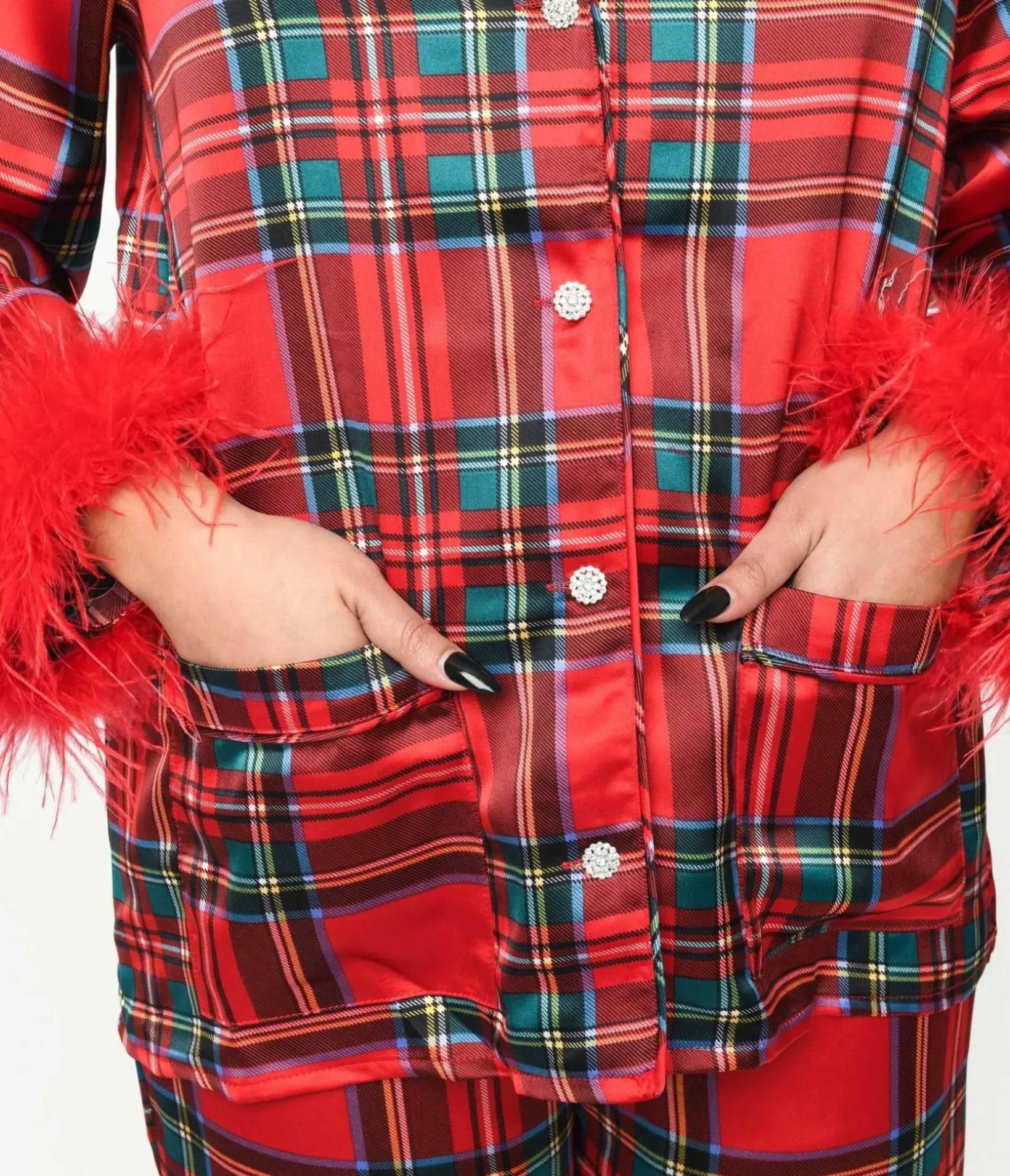 Unique Vintage All Things Red|Lingerie & Shapewear>Red Tartan & Feather Trim Pajama Set