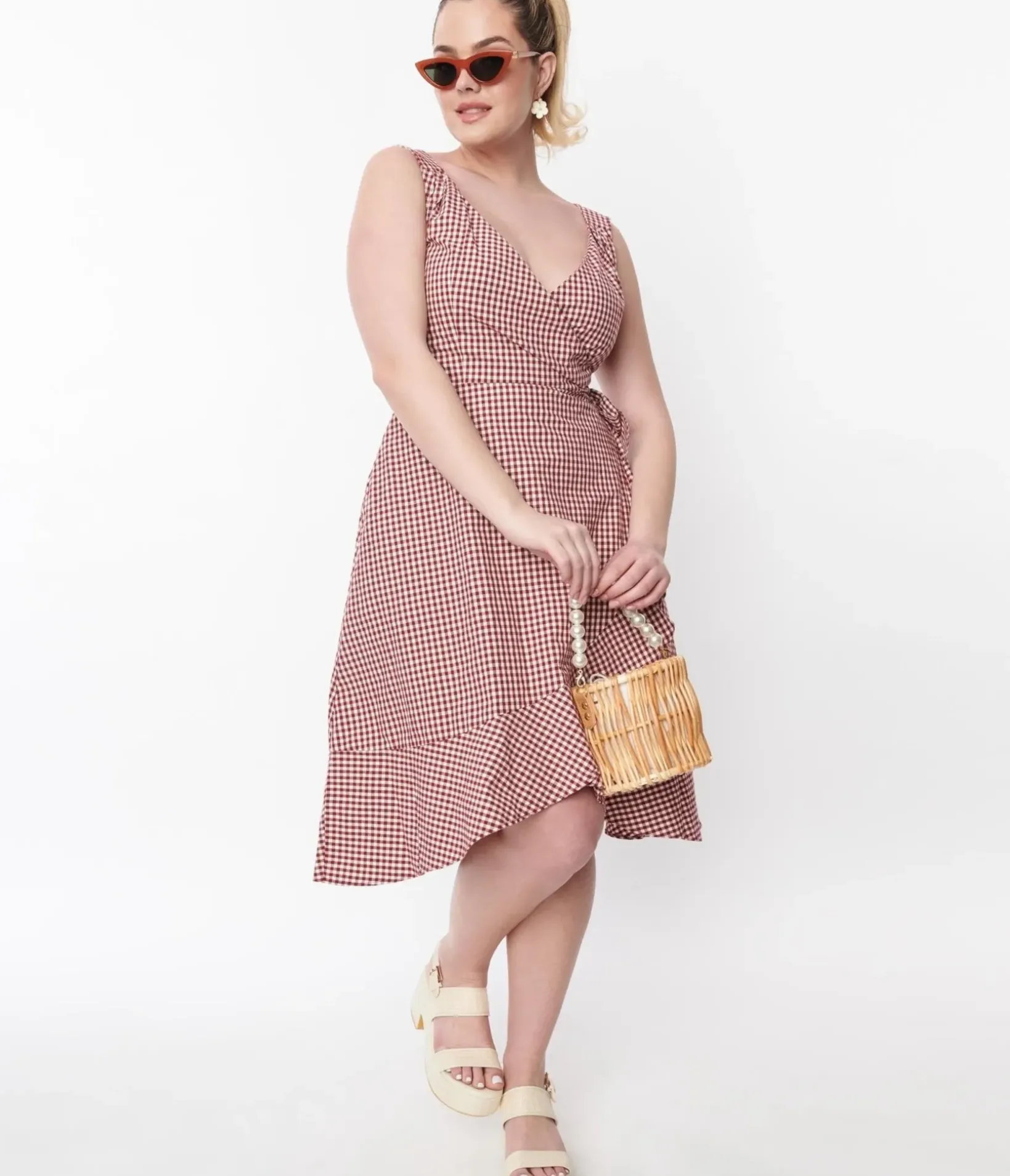 Unique Vintage Wrap Dresses|Everyday Dresses>Red & White Gingham Faux Wrap Dress