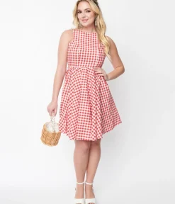 Unique Vintage Swing|Everyday Dresses>Red & White Gingham Swing Dress
