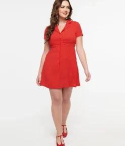 Unique Vintage Pocket Dresses|Everyday Dresses>Red & White Pin Dot Button Up Mini Dress