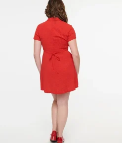 Unique Vintage Pocket Dresses|Everyday Dresses>Red & White Pin Dot Button Up Mini Dress