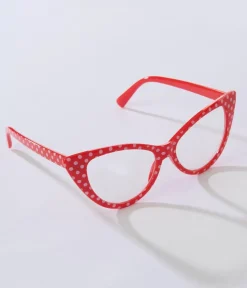 Unique Vintage Disney Bounding|All Things Red>Red & White Polka Dot Cat Eye Glasses