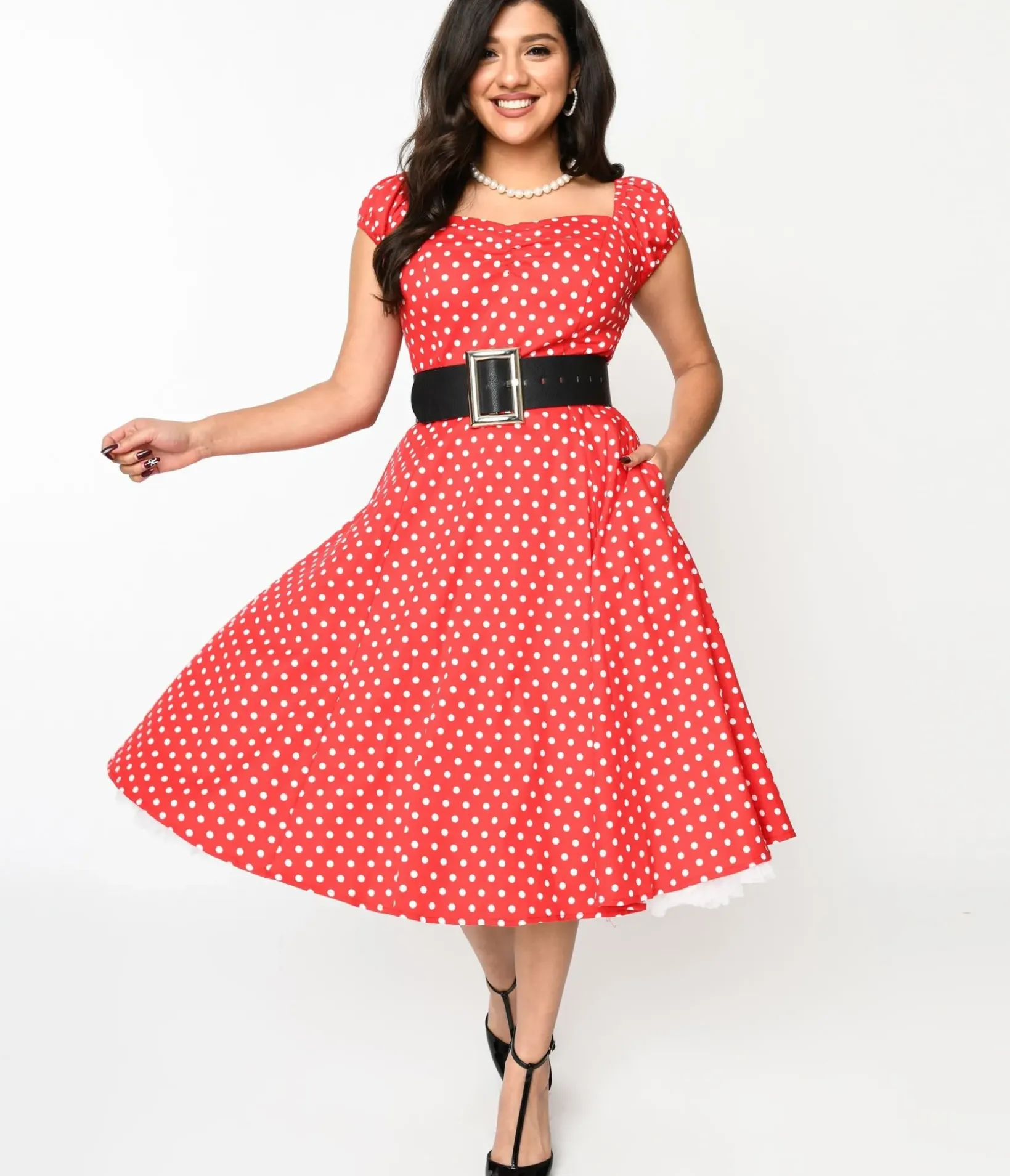 Unique Vintage Swing|Pocket Dresses>Red & White Polka Dot Sweet Spot Swing Dress