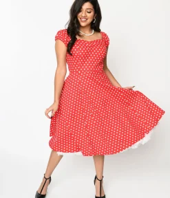 Unique Vintage Swing|Pocket Dresses>Red & White Polka Dot Sweet Spot Swing Dress