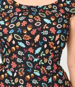 Unique Vintage Fit & Flare|Fit & Flare>Retrolicious Black Leaves & Acorns Margaret Flare Dress