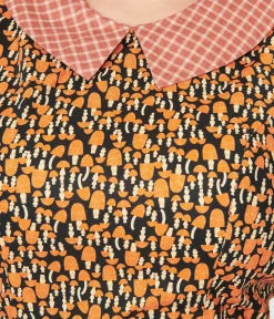 Unique Vintage Fit & Flare|Pocket Dresses>Retrolicious Black & Orange Mushroom Collared Fit & Flare Dress