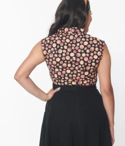 Unique Vintage Halloween>Retrolicious Black & Pumpkins Bow Blouse