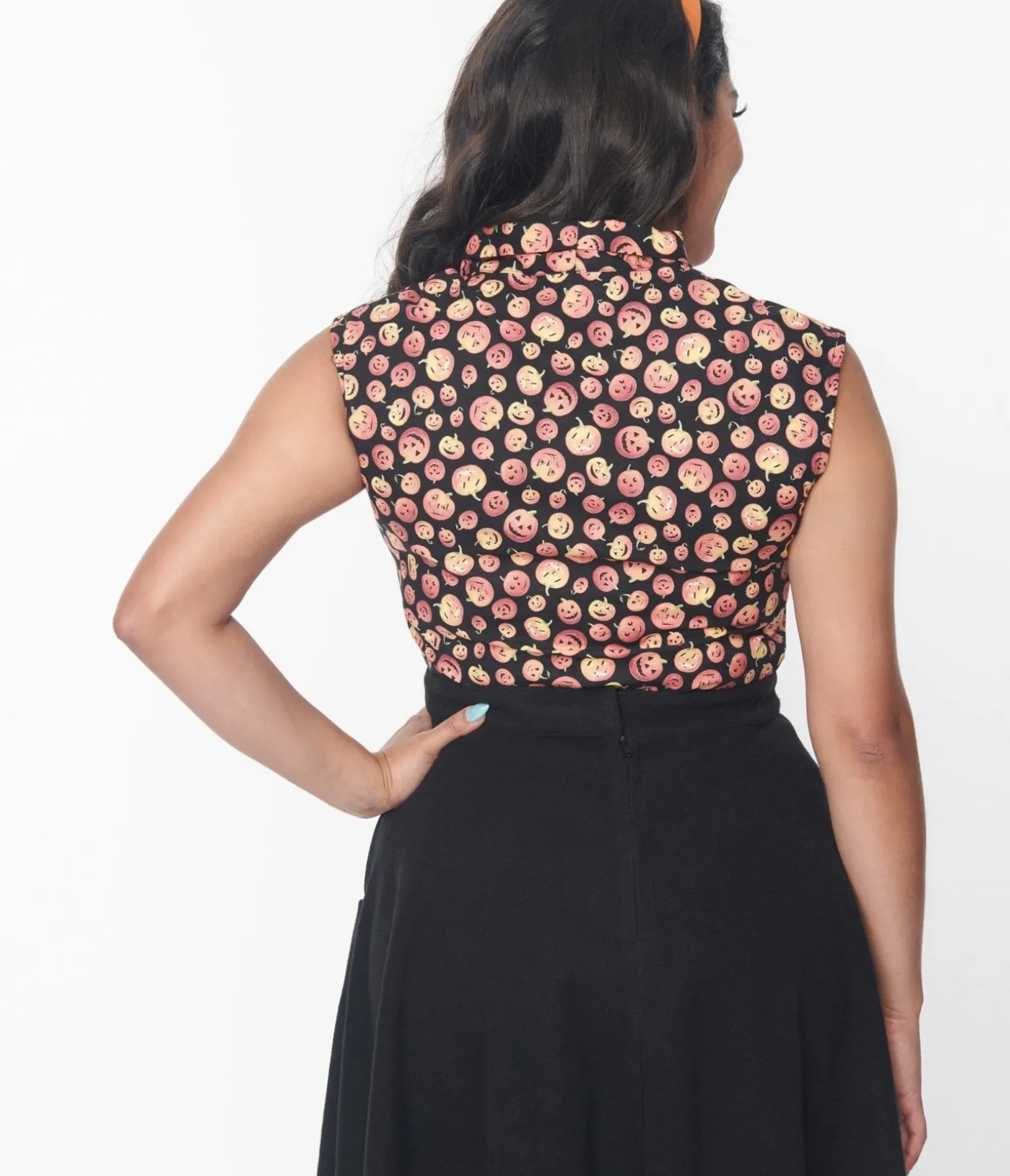 Unique Vintage Halloween>Retrolicious Black & Pumpkins Bow Blouse