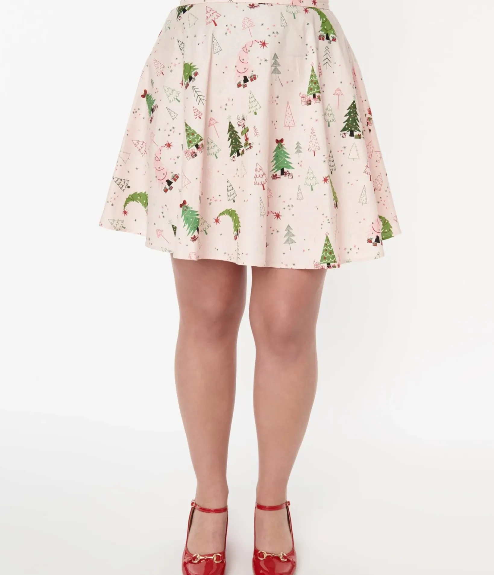 Unique Vintage Skirts|Skirts>Retrolicious Pink & Christmas Tree Skater Skirt