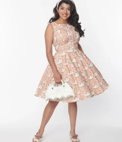 Unique Vintage Swing|Swing>Retrolicious Pink & Ghost Print Elizabeth Swing Dress