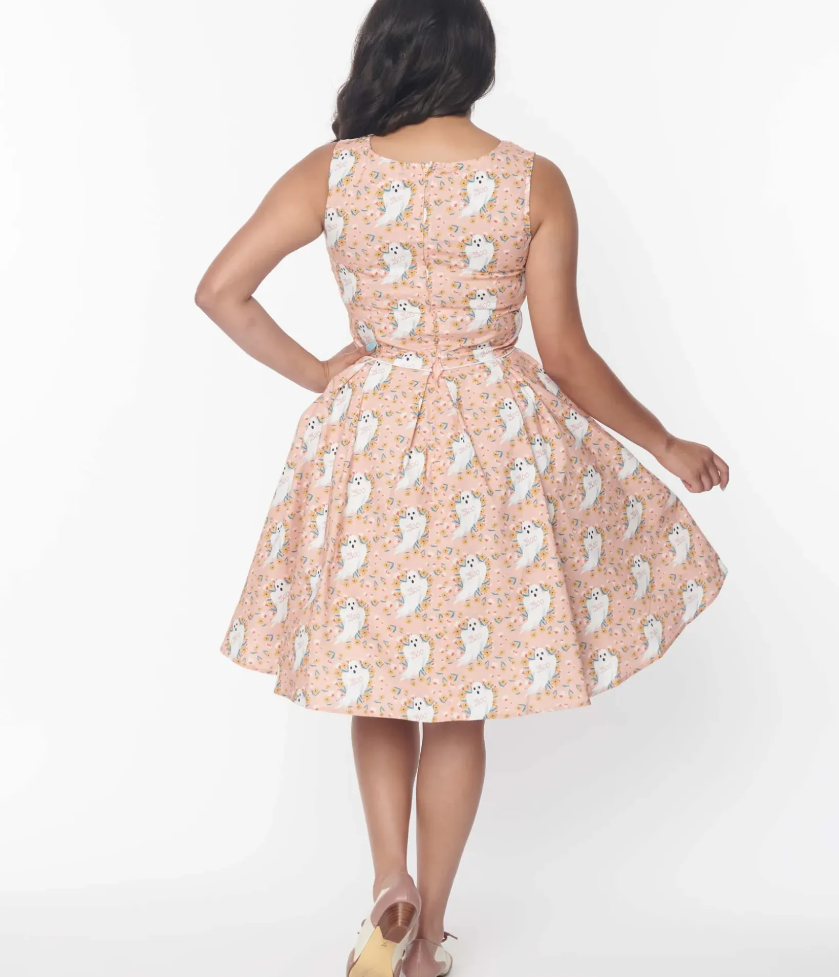 Unique Vintage Swing|Swing>Retrolicious Pink & Ghost Print Elizabeth Swing Dress