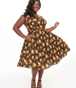 Unique Vintage Swing|Pocket Dresses>Retrolicious Plus Size 1950s Black Autumn Floral Cotton Greta Swing Dress