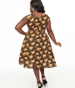 Unique Vintage Swing|Pocket Dresses>Retrolicious Plus Size 1950s Black Autumn Floral Cotton Greta Swing Dress