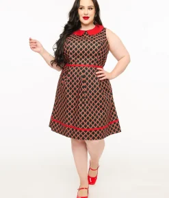 Unique Vintage Fit & Flare|Pocket Dresses>Retrolicious Plus Size 1950s Black & Red Bow Cotton Fit & Flare Dress