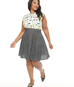 Unique Vintage Fit & Flare|Fit & Flare>Retrolicious Plus Size 1950s Black & White Check Cotton Skater Skirt