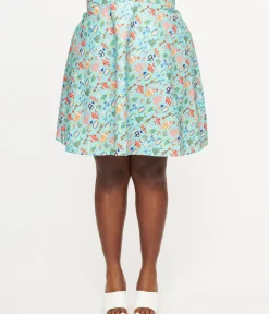 Unique Vintage Fit & Flare|Fit & Flare>Retrolicious Plus Size 1950s Blue & Multicolor Fish Print Cotton Skater Skirt
