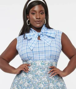 Unique Vintage Blouses|Blouses>Retrolicious Plus Size 1950s Blue Plaid Cotton Bow Top