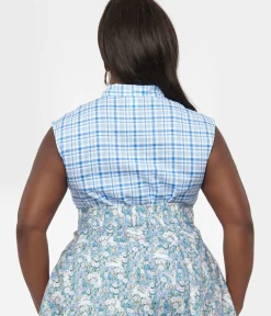 Unique Vintage Blouses|Blouses>Retrolicious Plus Size 1950s Blue Plaid Cotton Bow Top