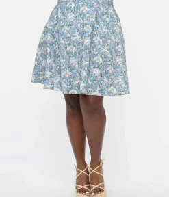 Unique Vintage Fit & Flare|Fit & Flare>Retrolicious Plus Size 1950s Blue & White Bunny Print Cotton Skater Skirt